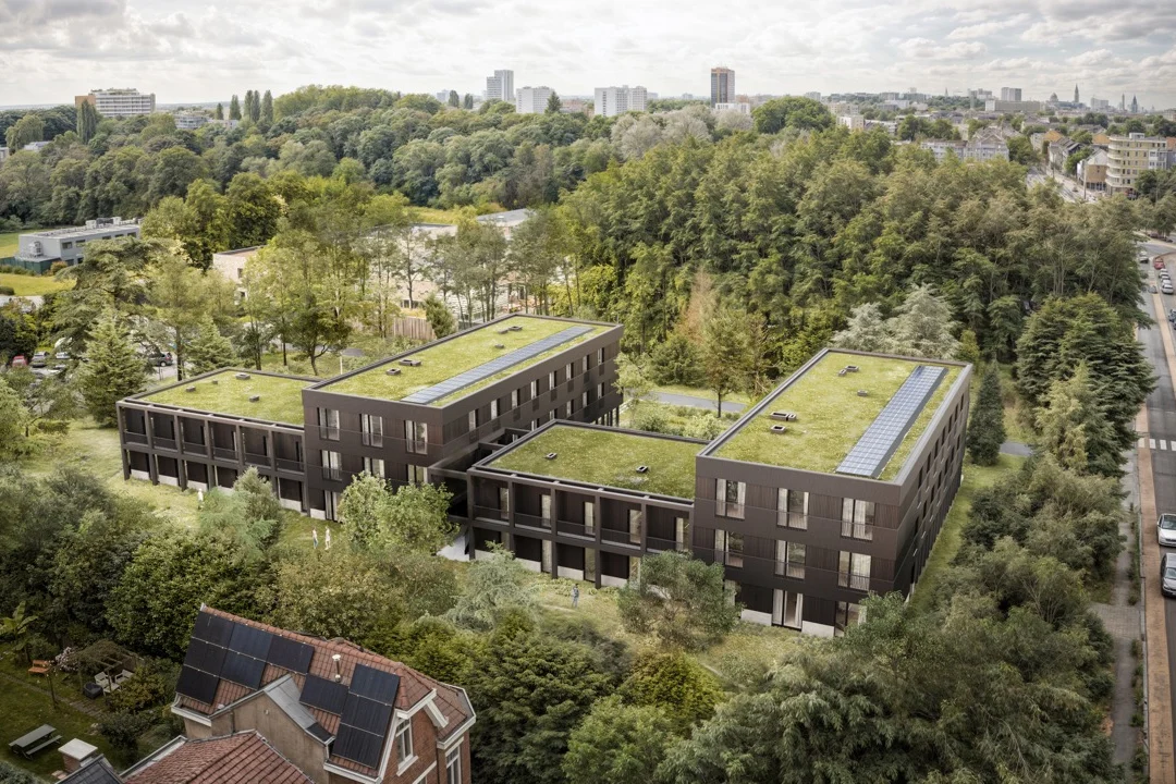 Luchtbeeld van een Jackey-studentenresidentie in het groen