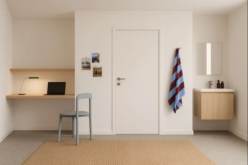 Studentenkamer van Jackey met bureau en wastafel
